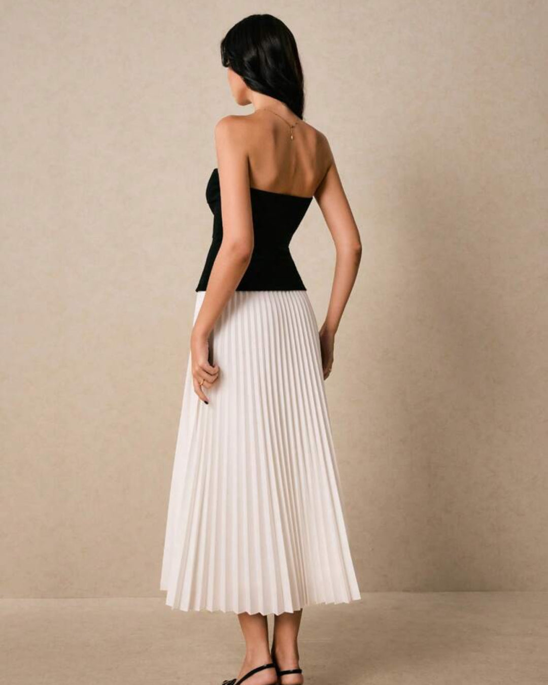 Two-Piece Set: Black Bustier Top & White Pleated Midi Skirt