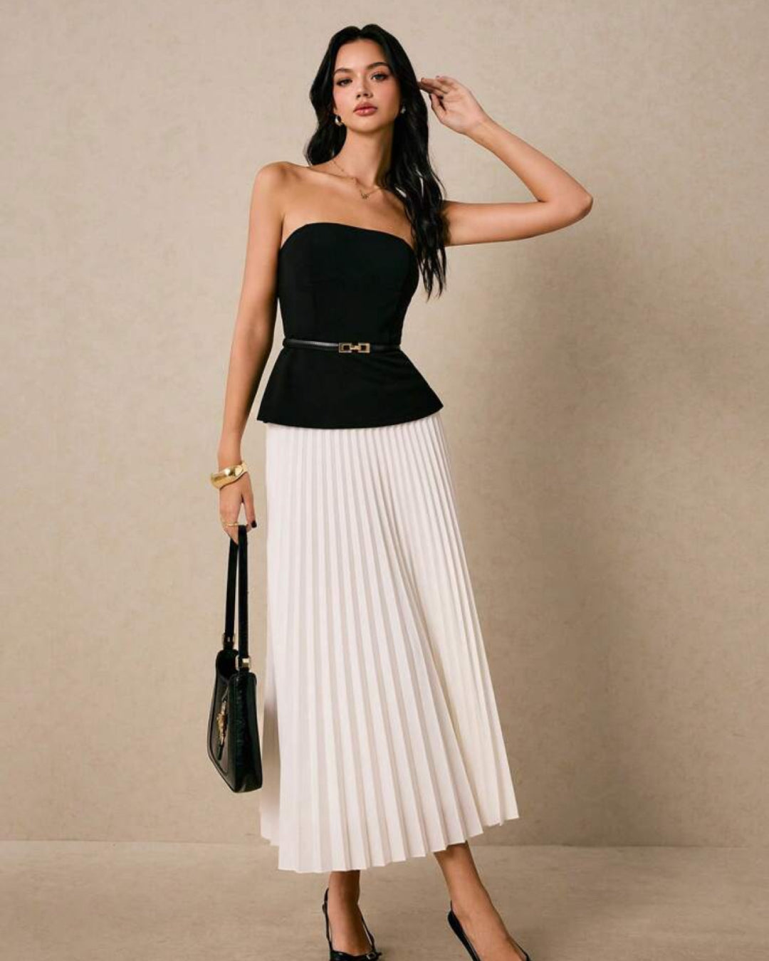 Two-Piece Set: Black Bustier Top & White Pleated Midi Skirt