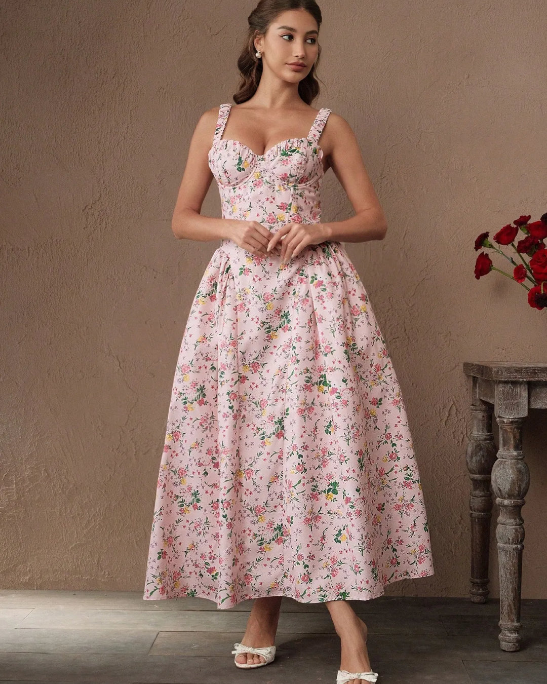 Adeline Floral Midi Dress - Light Pink