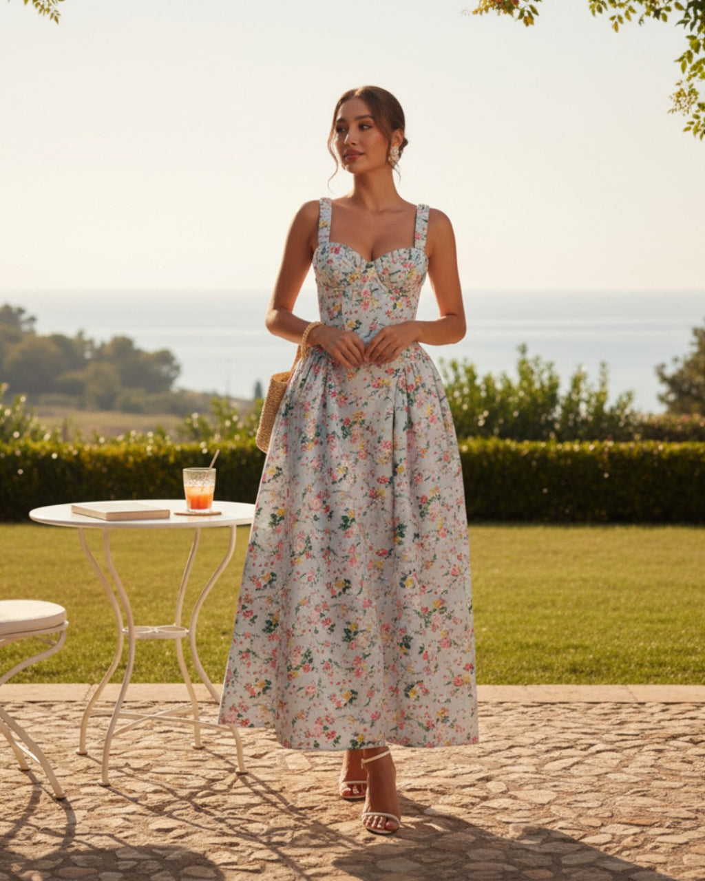 Adeline Floral Midi Dress - Light Blue