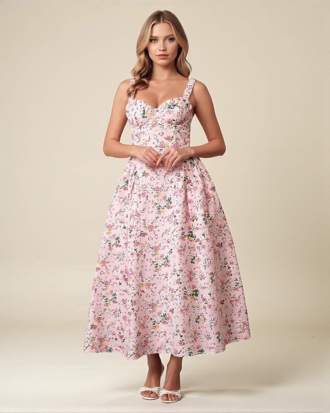 Adeline Light Pink Floral Midi Dress - Desse Blanche Fashion Adeline Light Pink Floral Midi Dress - Desse Blanche Fashion