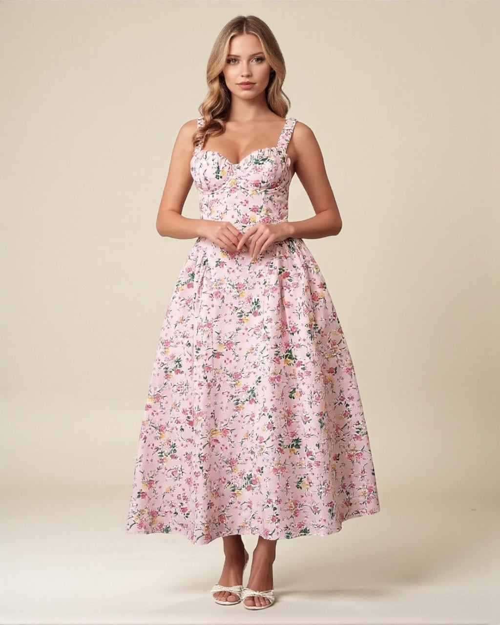 Adeline Floral Midi Dress - Light Pink