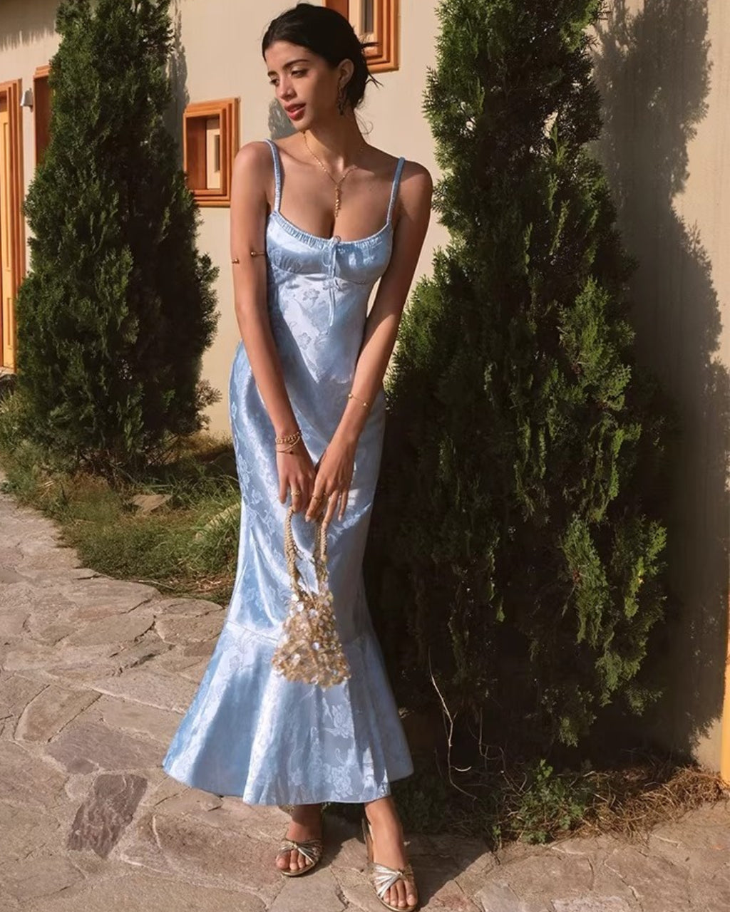 Aiza Floral Satin Midi Length Dress in Ocean Blue, satin midi dress, satin slip dress​, blue satin dress