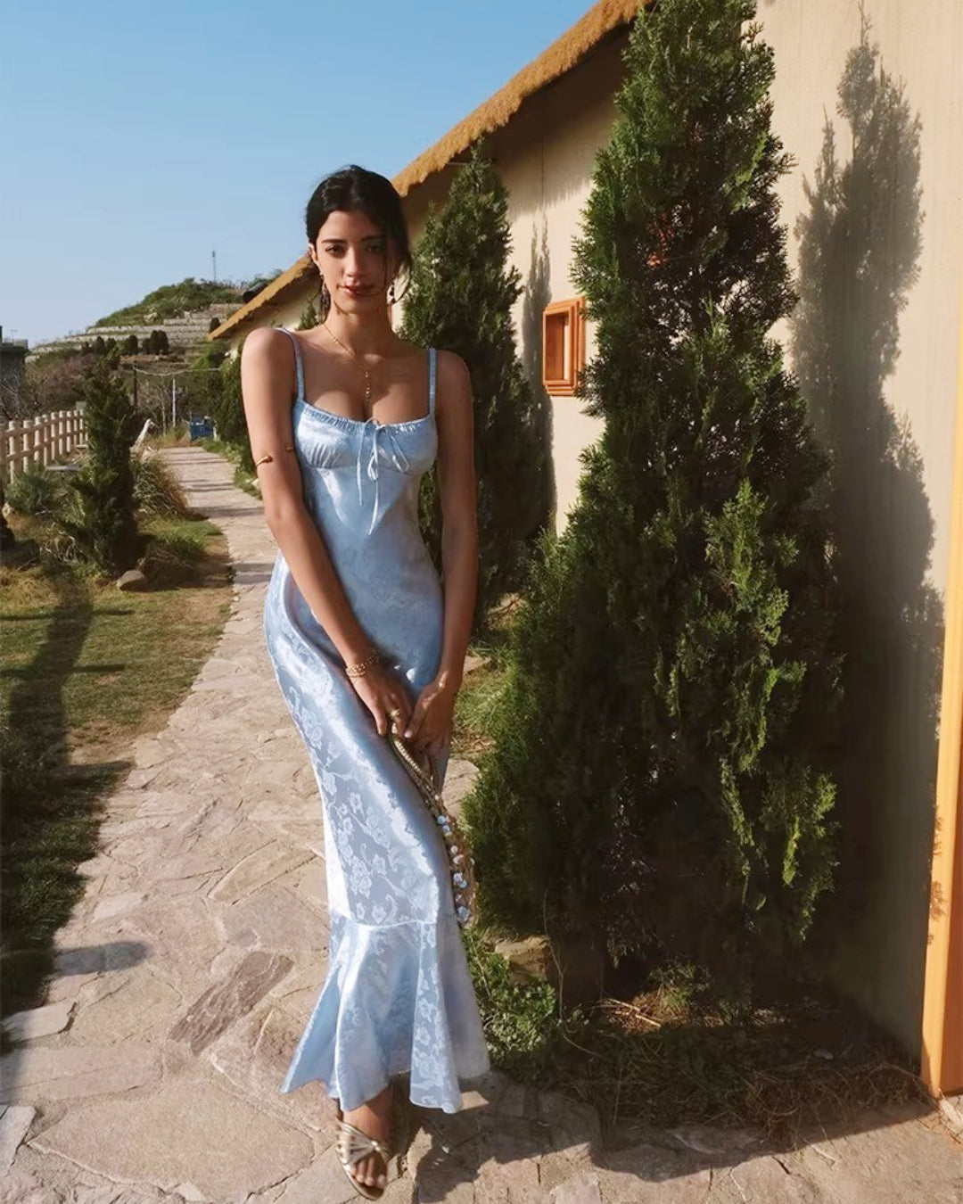 Aiza Floral Satin Midi Length Dress in Ocean Blue, satin dress bridal, midi dress satin, light blue satin dress