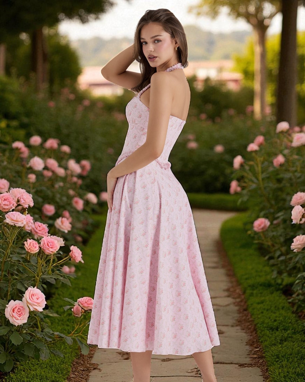 Alice Pink Floral Print Midi Dress – Light Pink Elegant Dresses