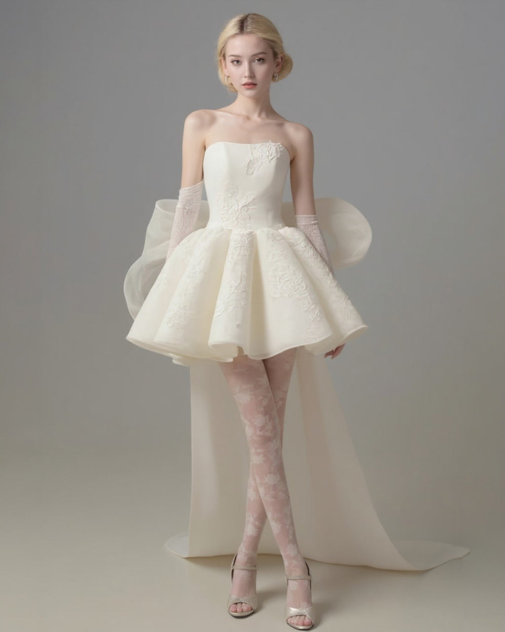 Allison Mini Dress in off white with embroidered fabric and bow-tie tulle bridal veil