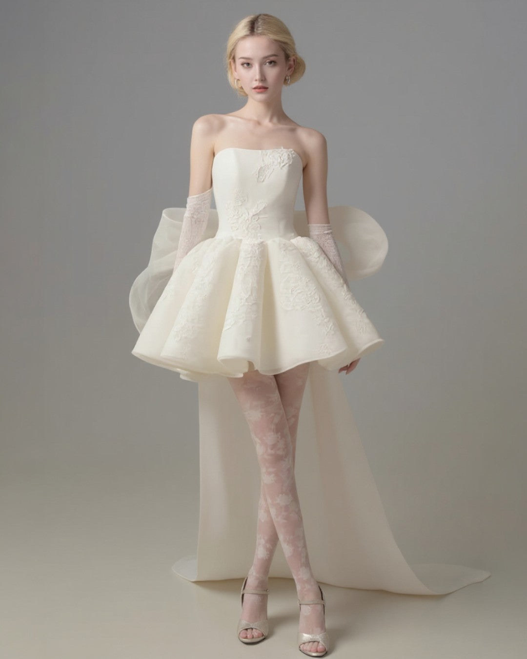 Allison Mini Dress in off white with embroidered fabric and bow-tie tulle bridal veil