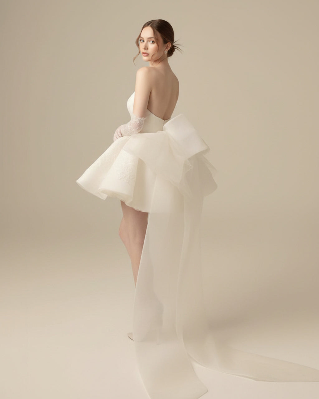 White bridal gown for wedAllison Ivory Mini Dress, White Mini Dress, bridal mini dress​, mini bridal dress​, white bridal mini dresses​ding with 2.5 meter bow-tie tulle veil