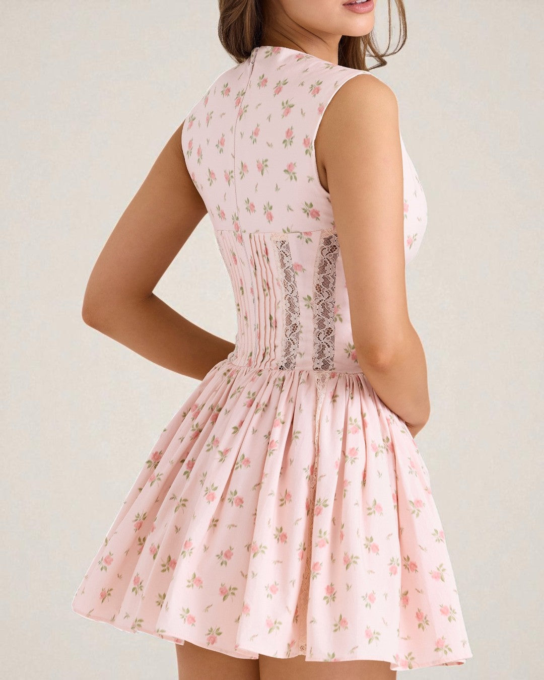 Side angle of Amelia pink cotton floral print mini dress for party