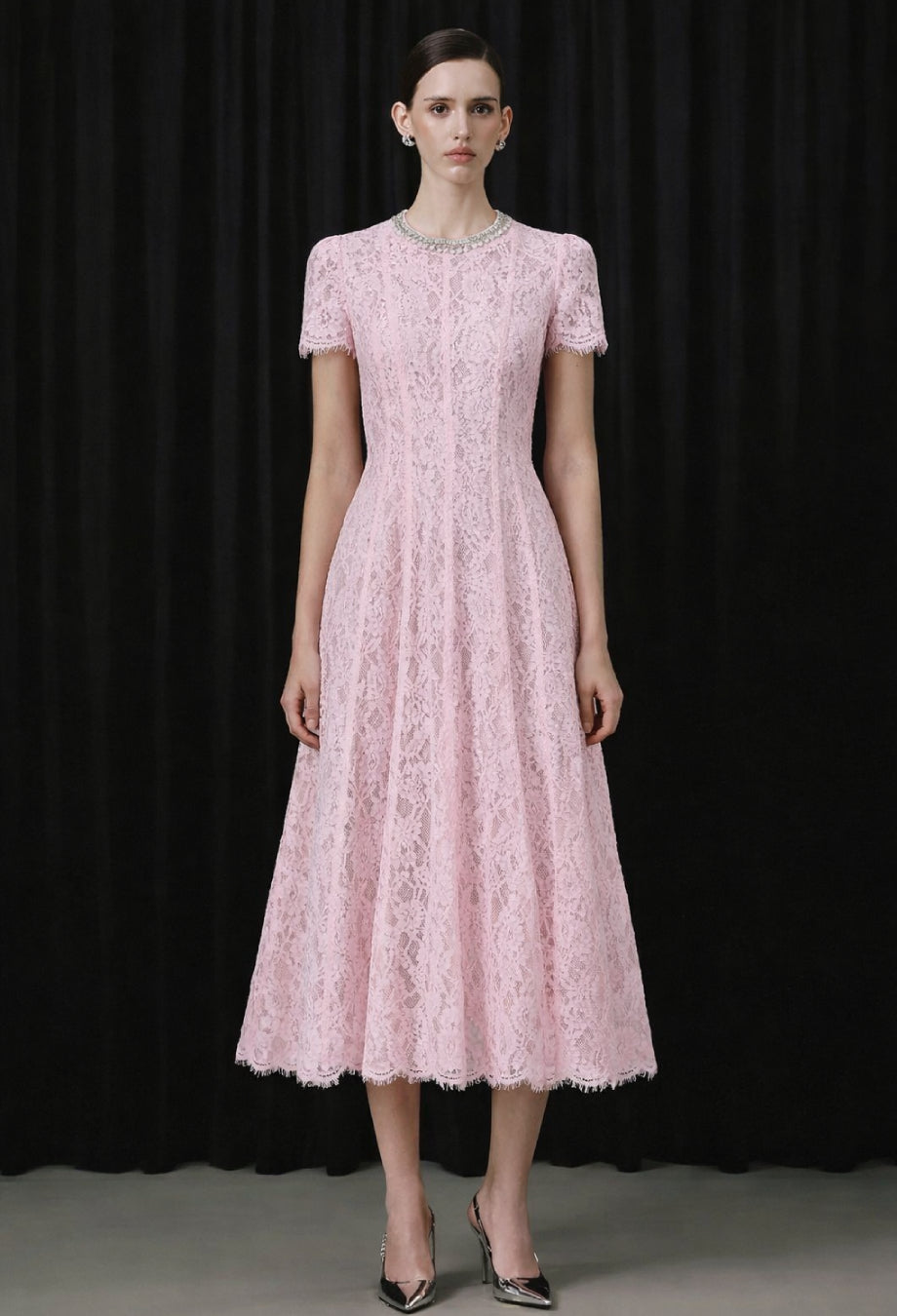 Pink Lace Wedding Guest Dress, Amity Lace Embellished Midi Dress, light pink wedding guest dress, pink wedding guest dress​