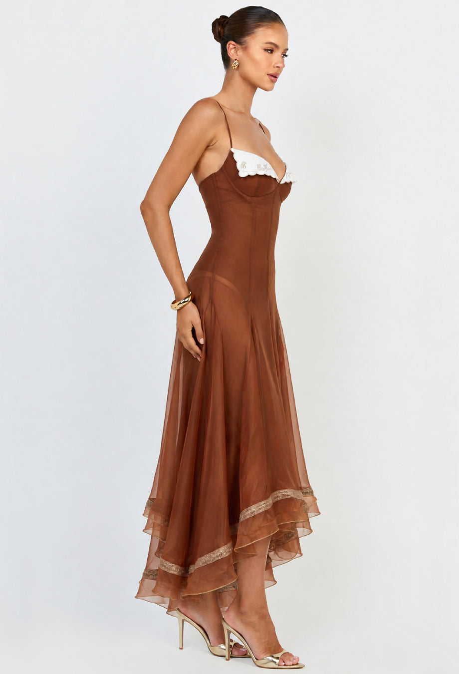 Anais Brown Chiffon Sheer Overlay Midi Dress, brown wedding guest dress, brown chiffon dress​