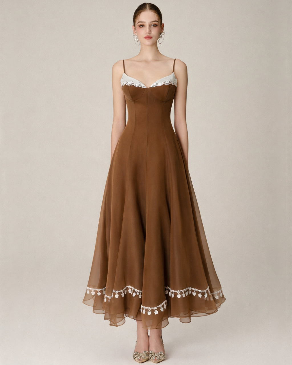 Anais Brown Midi Dress, brown midi dress, brown midi dress wedding guest​, brown silk midi dress, midi brown dress women​