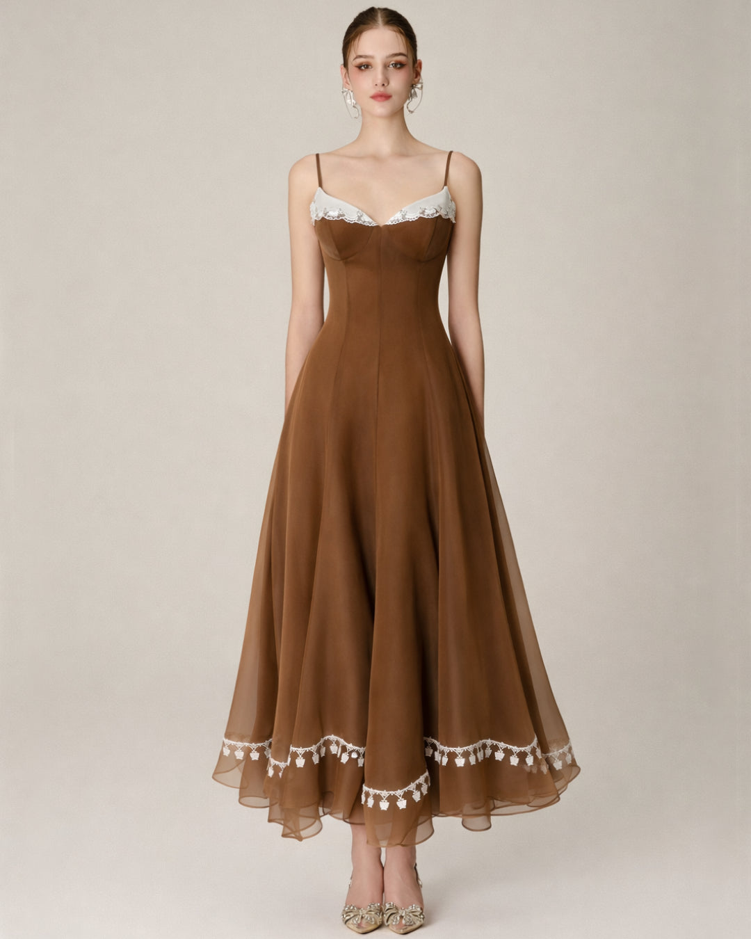Anais Brown Midi Dress, brown midi dress, brown midi dress wedding guest​, brown silk midi dress, midi brown dress women​