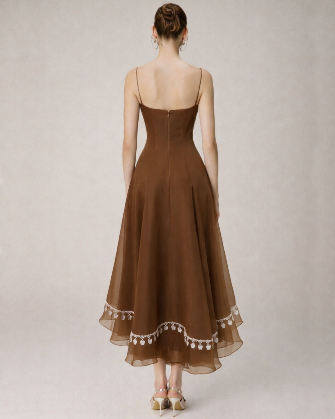 Anais Brown Midi Dress, brown midi dress, brown midi dress wedding guest​, brown silk midi dress, midi brown dress women​