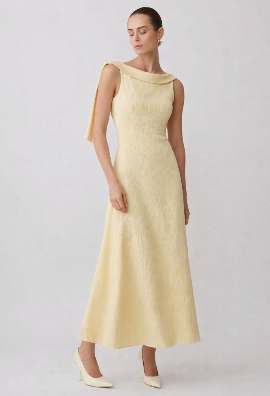 Anastasia light yellow A-line formal midi dress, formal midi dress​, midi dress formal​