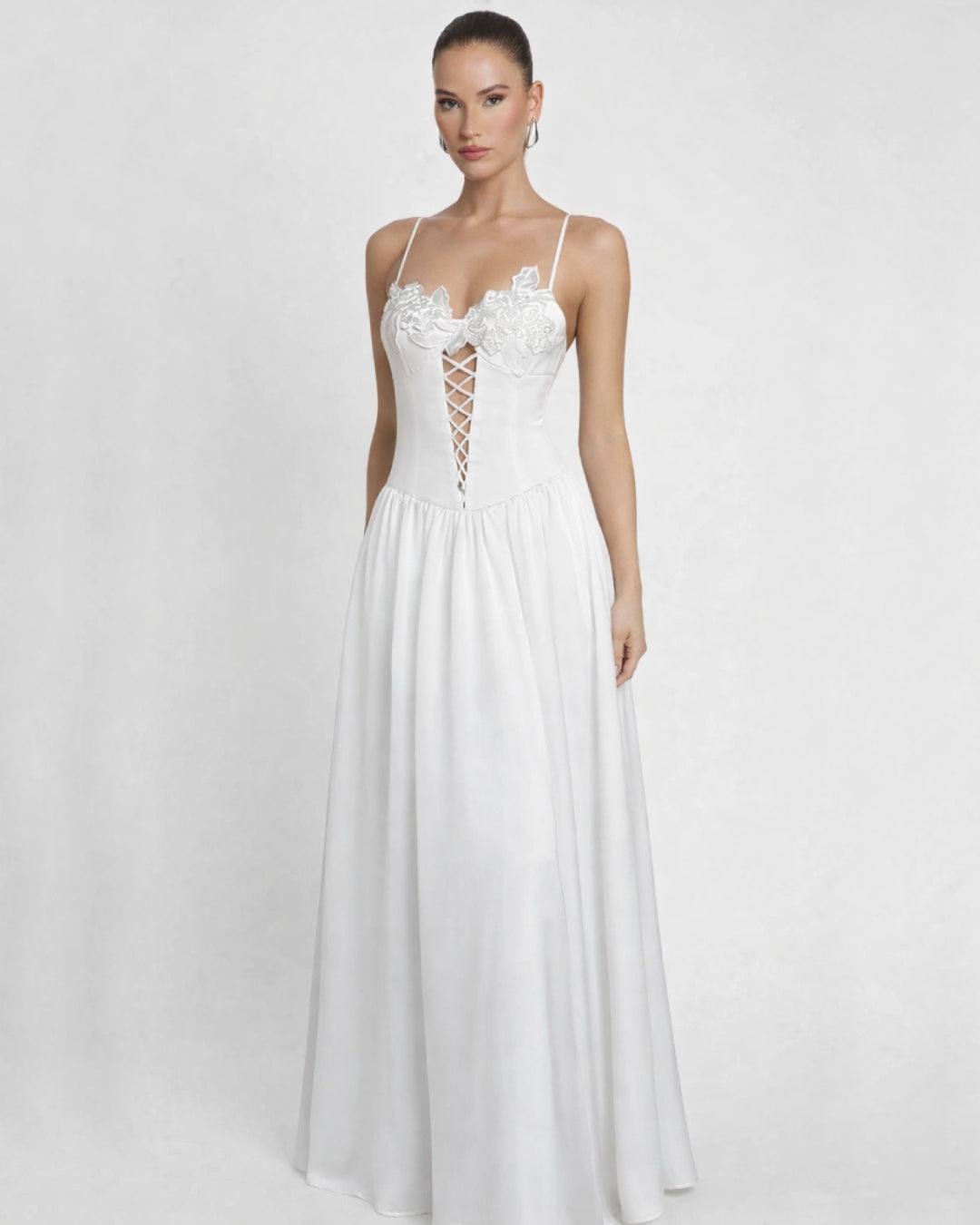 Anastelle White Satin Maxi Dress, maxi white dress​, white dress maxi lace​, white flowy maxi dress​, white bridal dress​