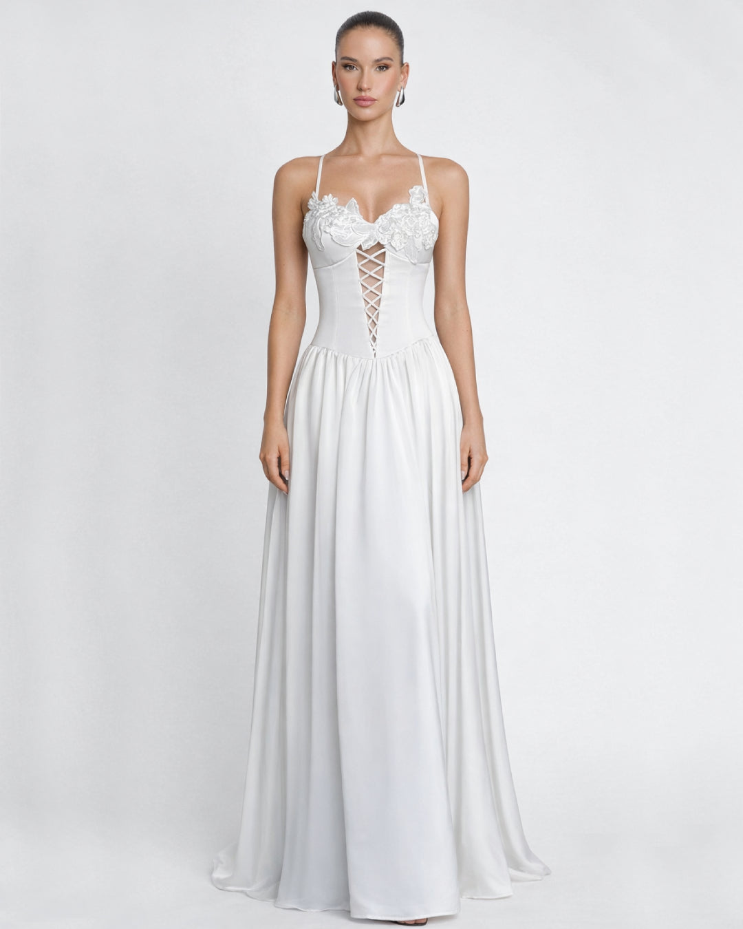 Anastelle White Satin Maxi Dress, maxi white dress​, white dress maxi lace​, white flowy maxi dress​, white bridal dress​