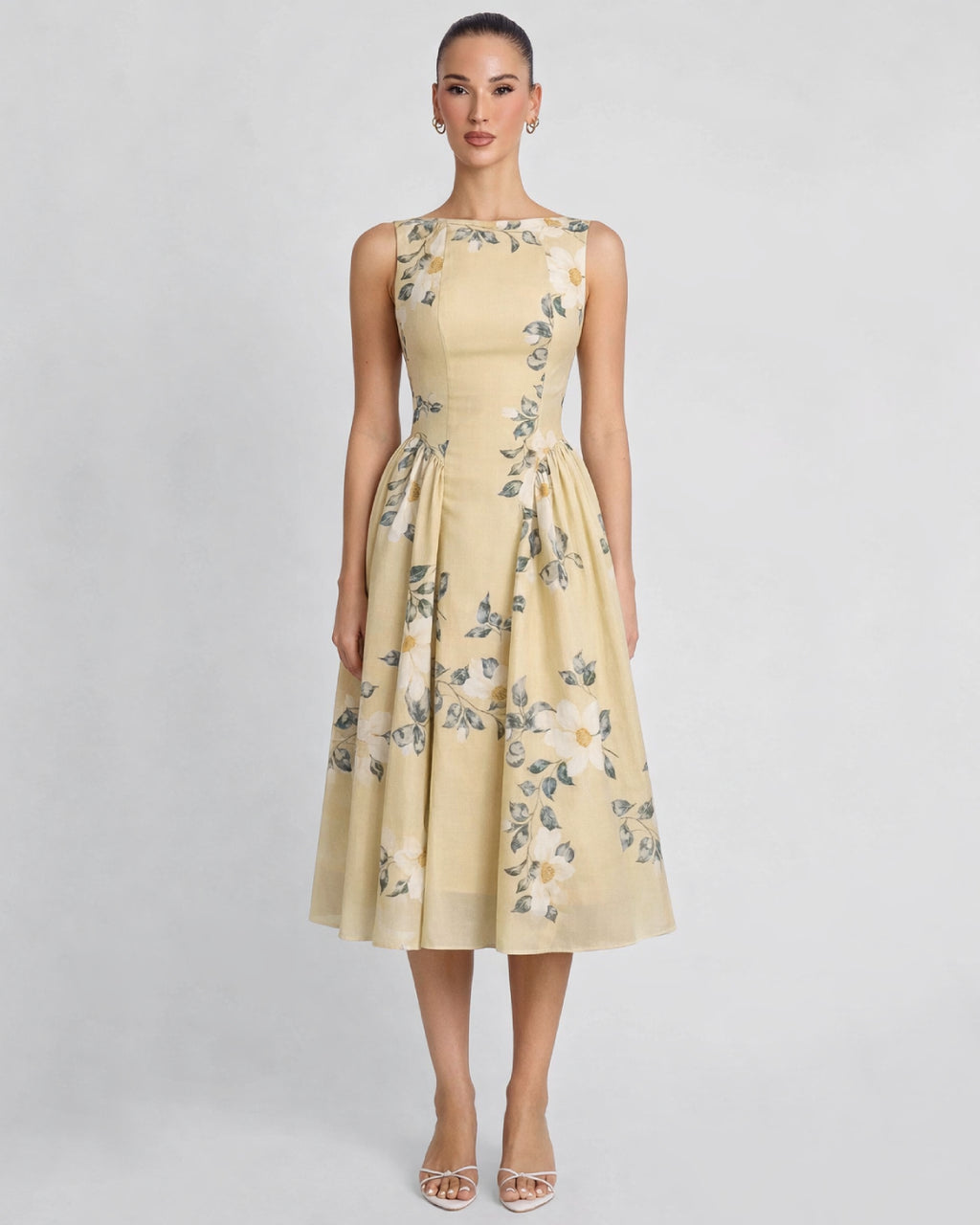 Anelis Floral Chiffon Midi Dress, Vintage Lemon Yellow Dress, floral chiffon midi dress, vintage yellow dress​, deesse blanche fashion