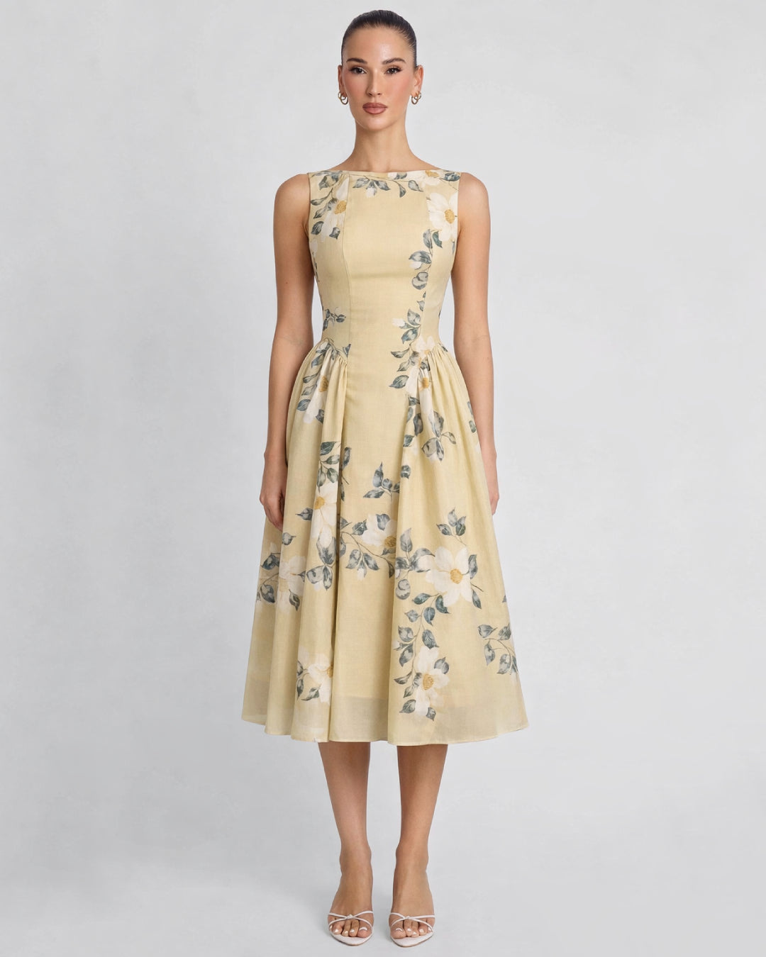 Anelis Floral Chiffon Midi Dress, Vintage Lemon Yellow Dress, floral chiffon midi dress, vintage yellow dress​, deesse blanche fashion