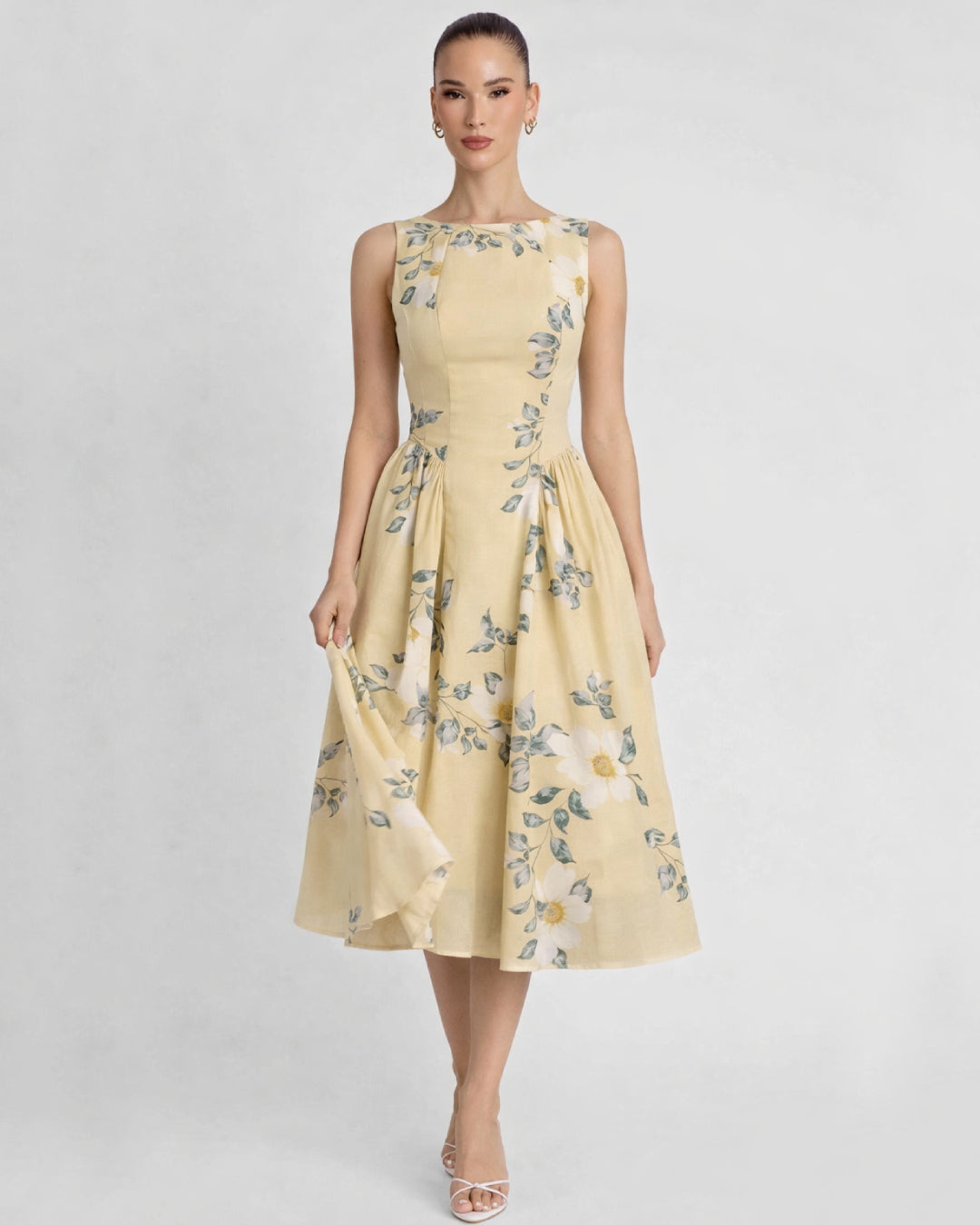 Anelis Floral Chiffon Midi Dress, Vintage Lemon Yellow Dress, floral chiffon midi dress, vintage yellow dress​