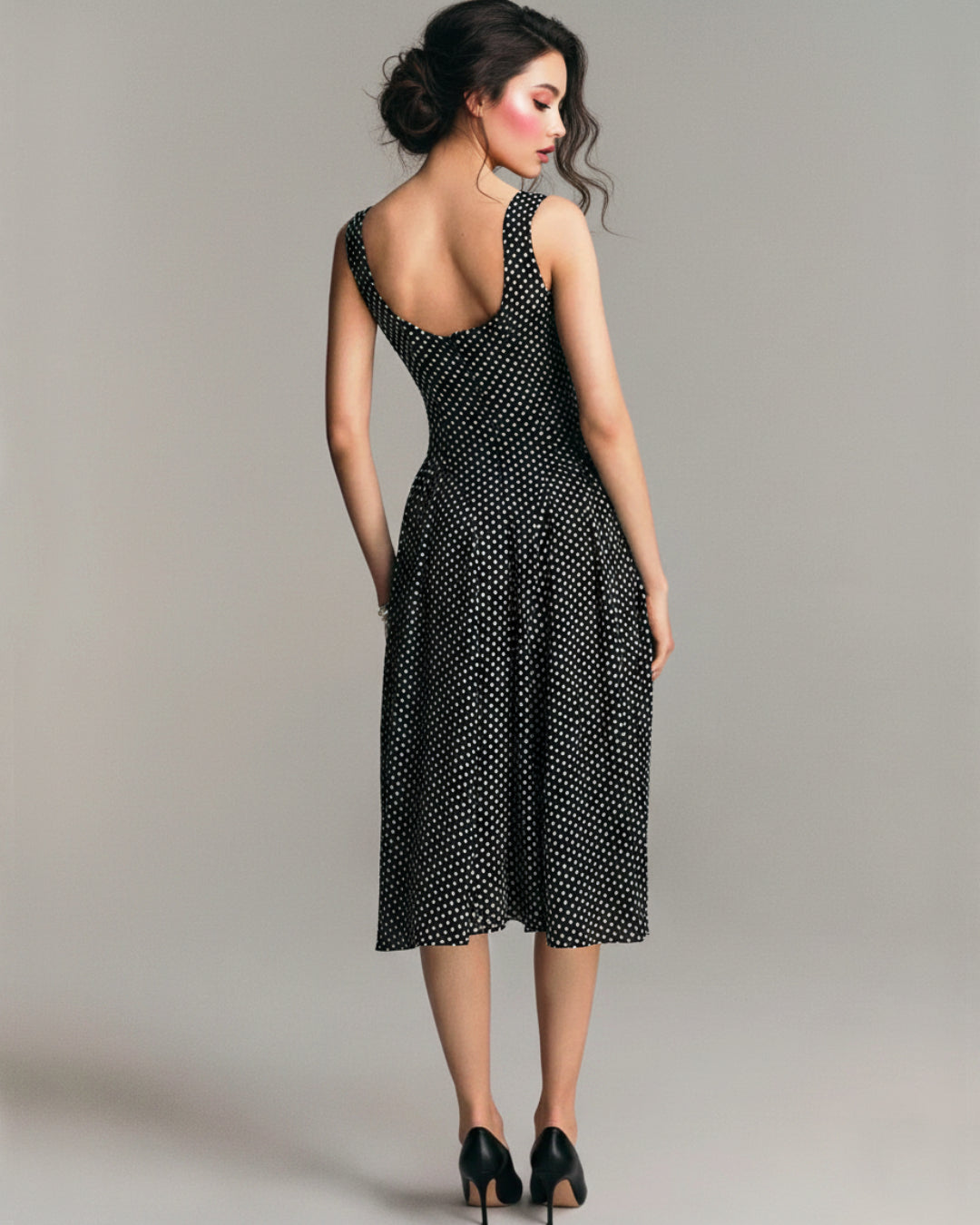 Anelis Micro Polka Dot Midi Dress in Black, vintage dress​, dress vintage wedding​