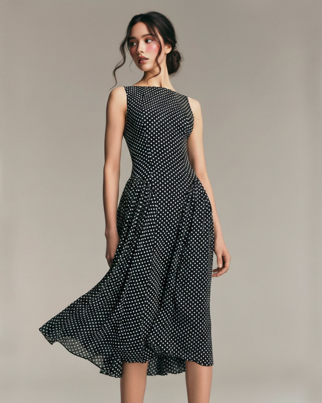 Anelis Micro Polka Dot Midi Dress in Black Vintage Womens Dress S Anelis Micro Polka Dot Midi Dress in Black Vintage Womens Dress S