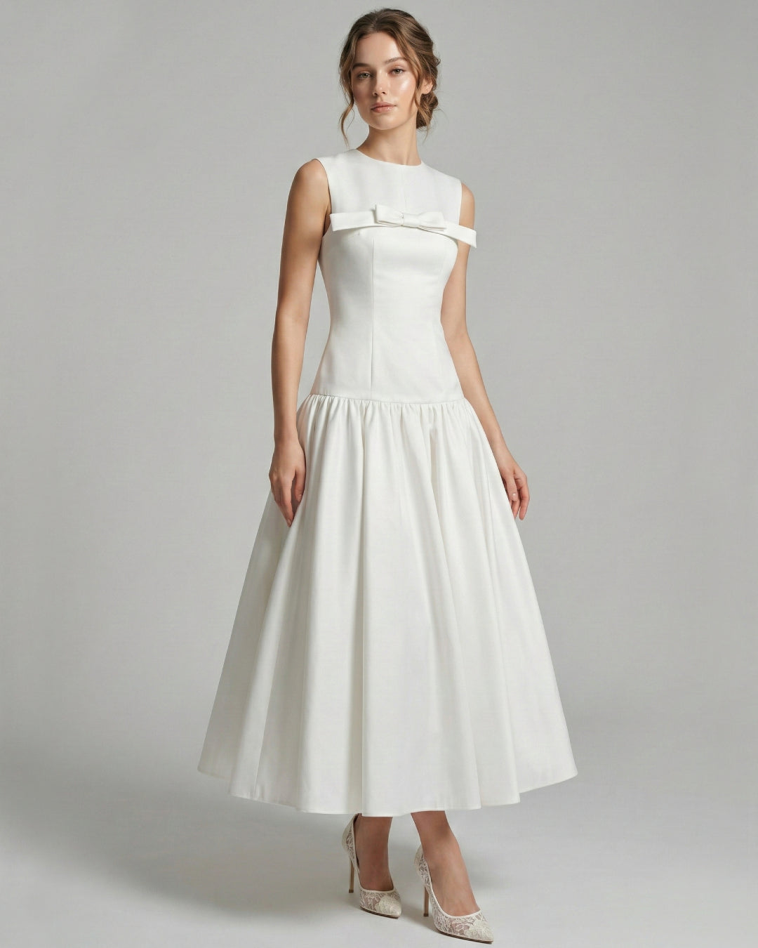 Antonie White Midi Dress with Bow, white bow dress​, white dress with bow, bow white dress​