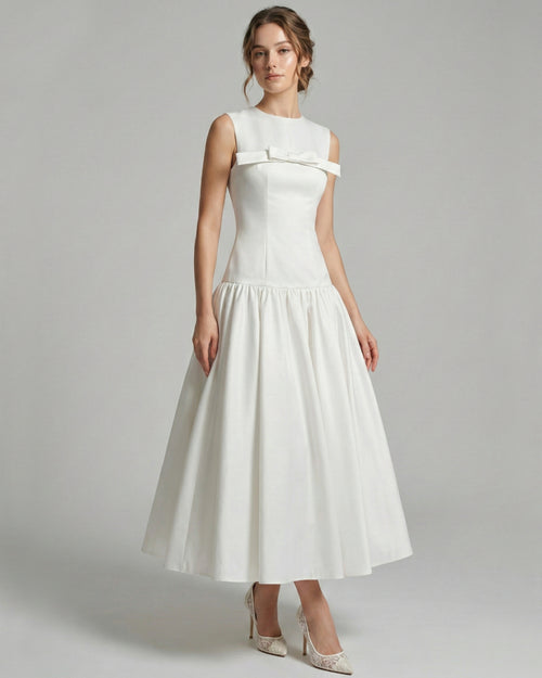 Antonie White Midi Dress with Bow, white bow dress​, white dress with bow, bow white dress​