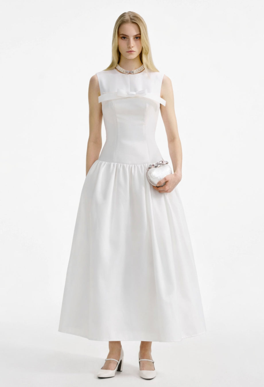 Antonie White Midi Dress with Bow, white bow dress​, white dress with bow, bow white dress​