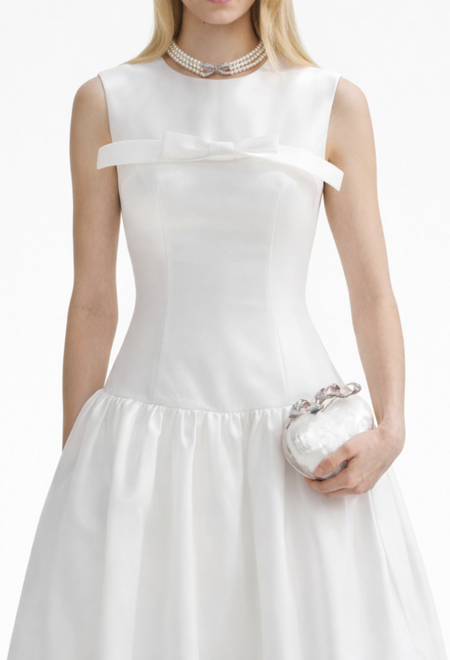 Antonie White Midi Dress with Bow, bow dress white​, lucy in the sky white bow dress​, white dress with bow on front​