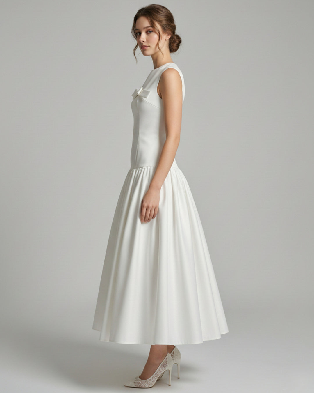 Antonie White Midi Dress with Bow, bow dress white​, lucy in the sky white bow dress​, white dress with bow on front​