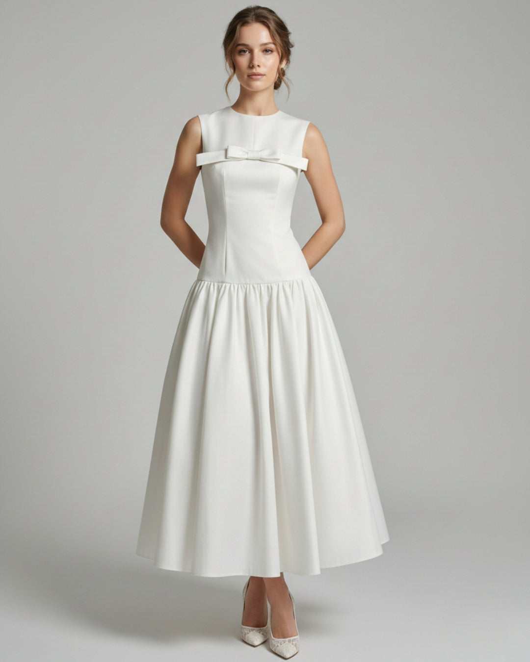 Antonie White Midi Dress with Bow, bow dress white​, lucy in the sky white bow dress​, white dress with bow on front​
