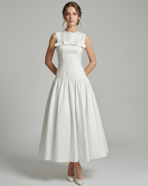 Antonie White Midi Dress with Bow, bow dress white​, lucy in the sky white bow dress​, white dress with bow on front​