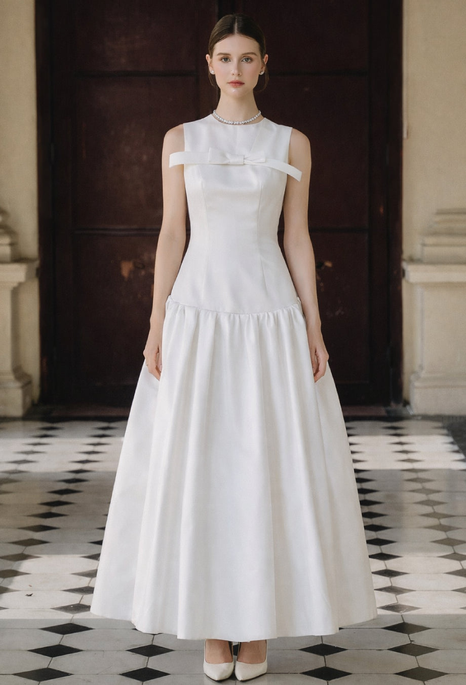 Antonie White Midi Dress with Bow, white rehearsal dinner dress for bride, winter rehearsal dinner dress