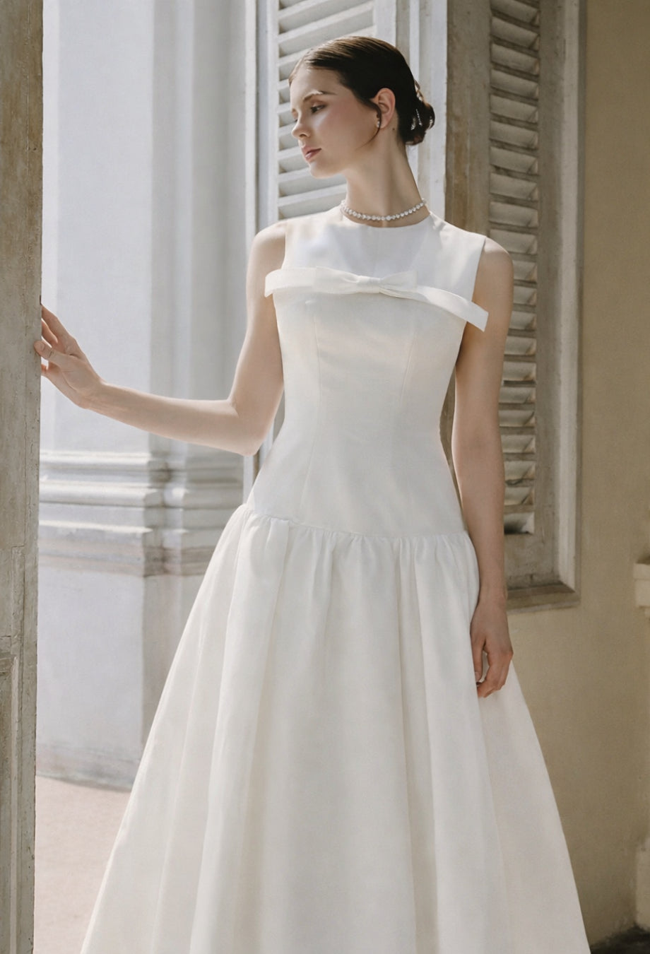 Antonie White Midi Dress with Bow, white rehearsal dinner dress for bride, winter rehearsal dinner dress