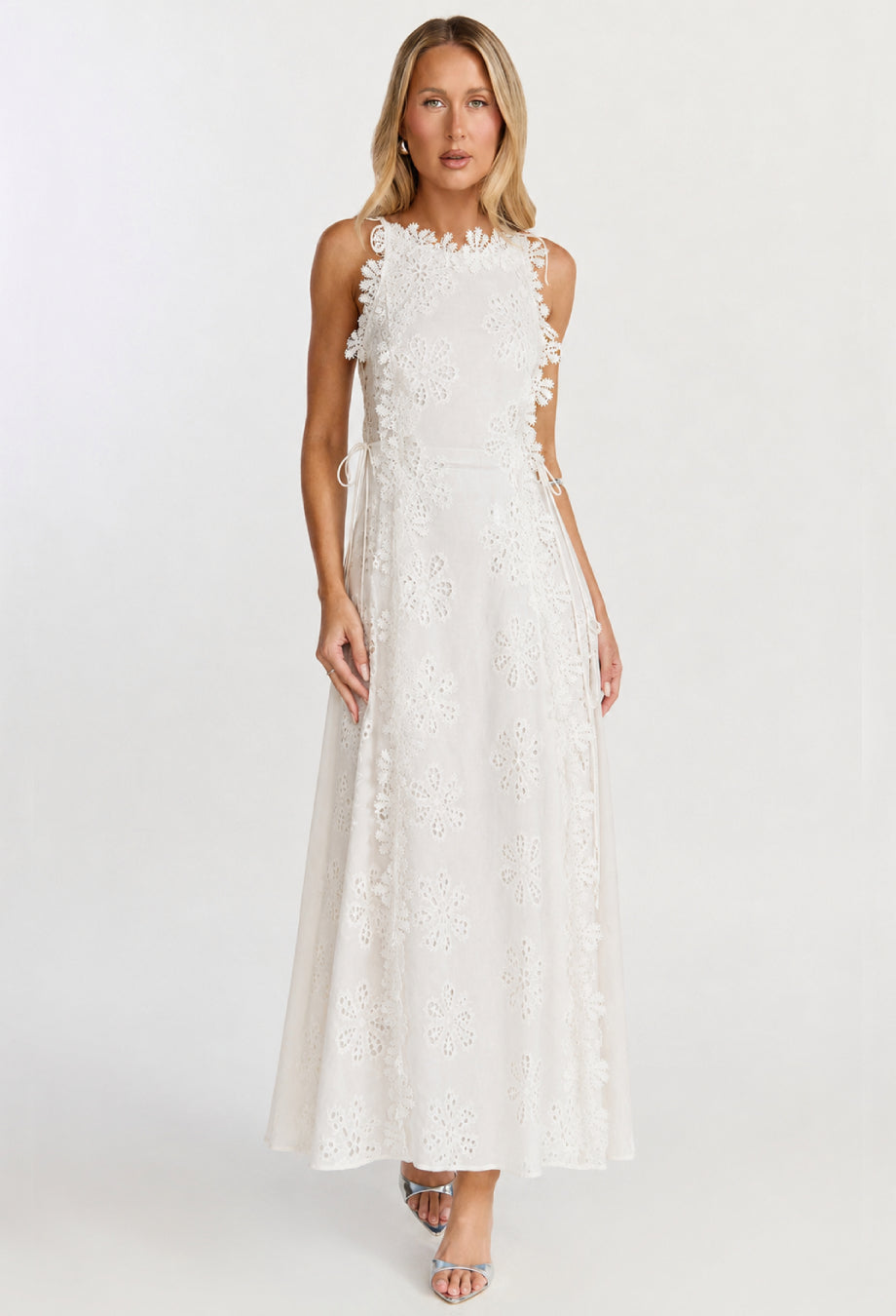 Araminta White Embroidered Midi Dress, white summer dress