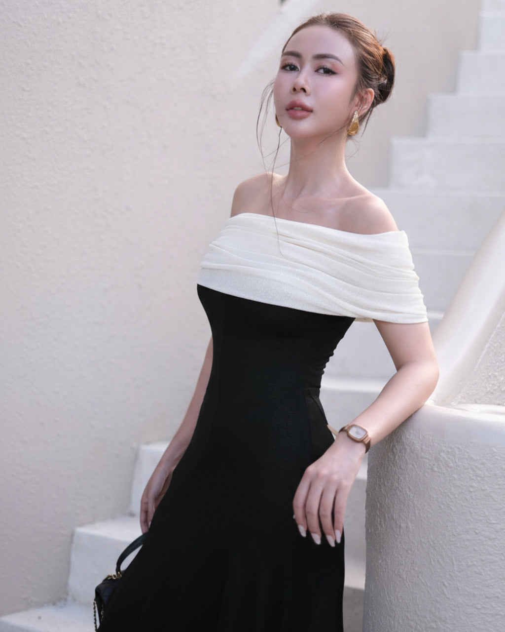 Arlena Off-the-Shoulder Black and White Maxi Dress, off the shoulder maxi dress​, off to shoulder dress, off shoulder dress in black​
