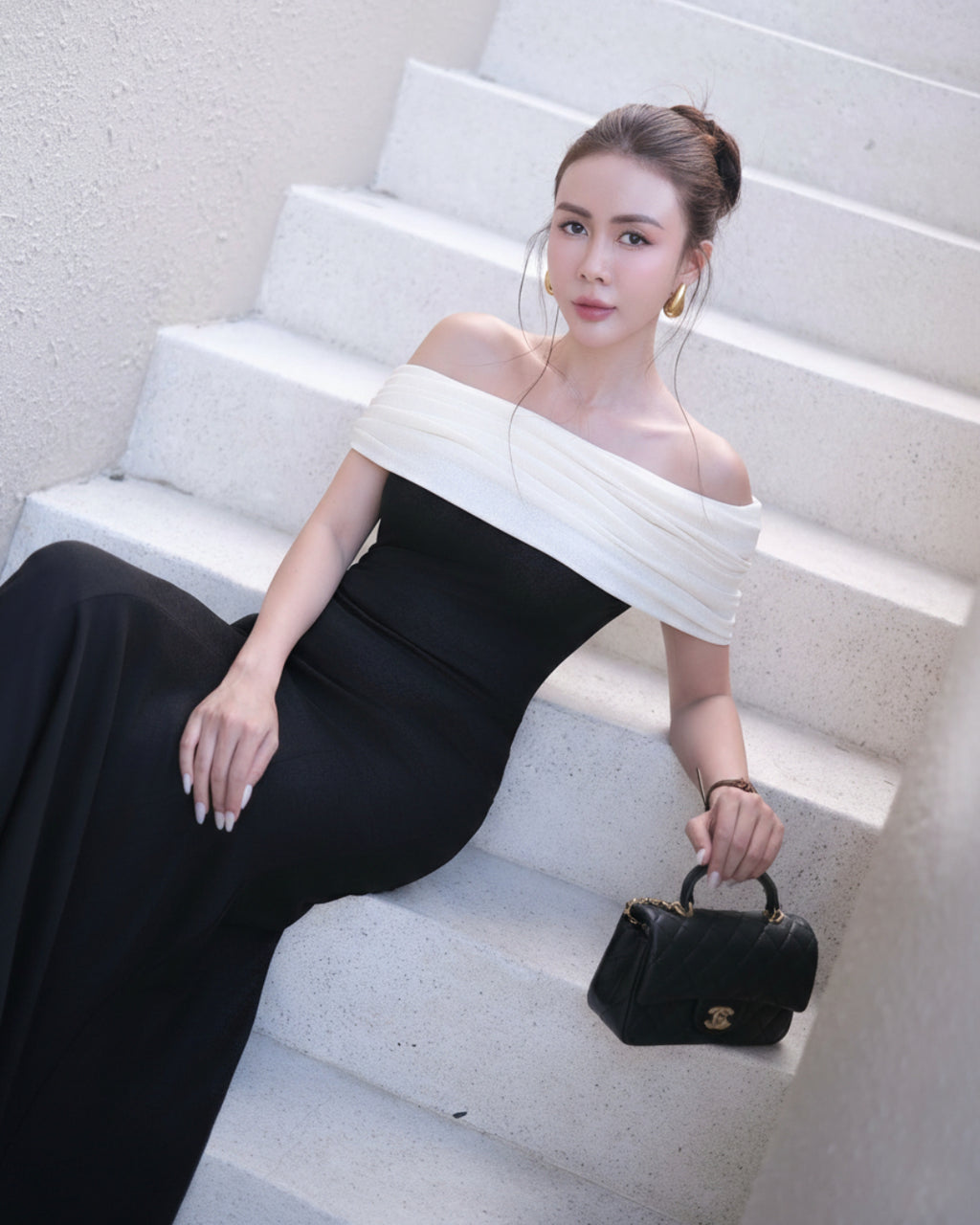 Arlena Off-the-Shoulder Black and White Maxi Dress, off the shoulder maxi dress​, off to shoulder dress, off shoulder dress in black​