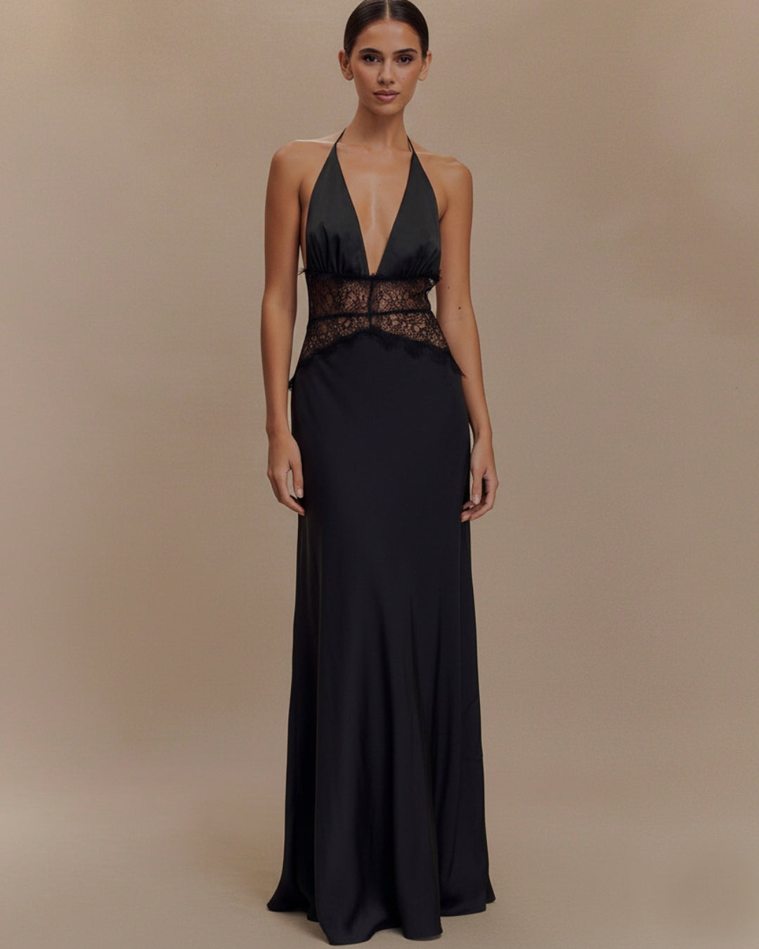 Armelle Black Lace and Satin Maxi Dress, black maxi dress casual, black maxi dress canada, lace maxi dress