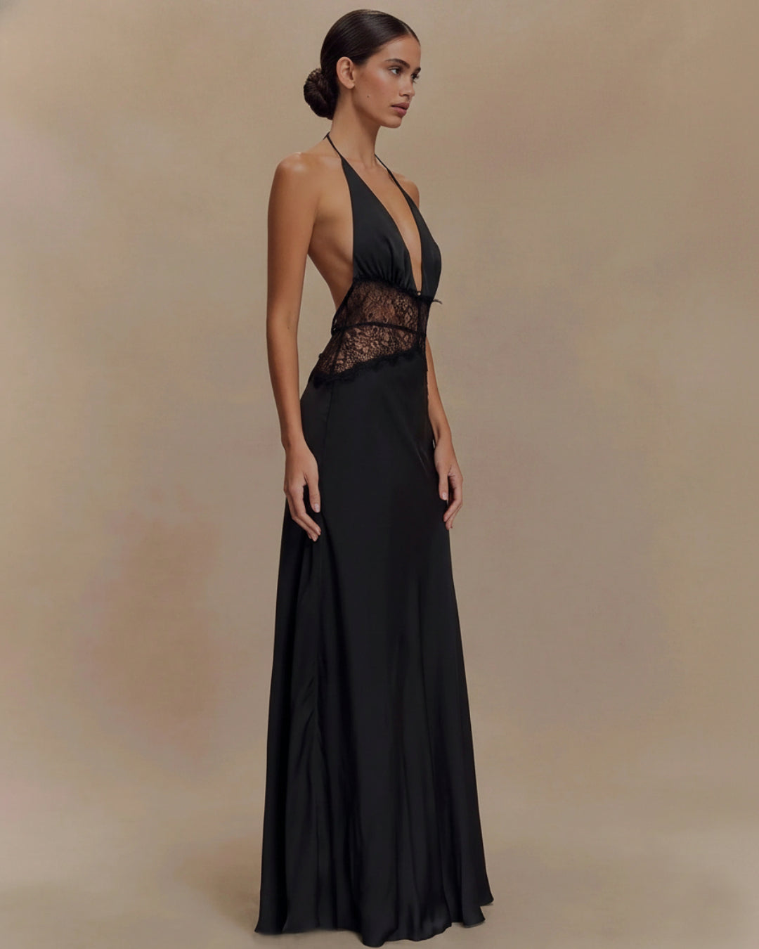 Armelle Black Lace and Satin Maxi Dress, black maxi dress casual, black maxi dress canada, lace maxi dress