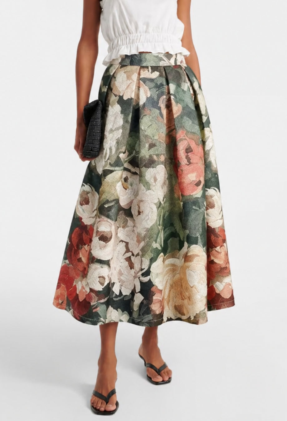 Arwen Green Vintage Floral Midi Skirt, vintage 50s skirt, high waisted flare skirt​, fit and flare skirt​
