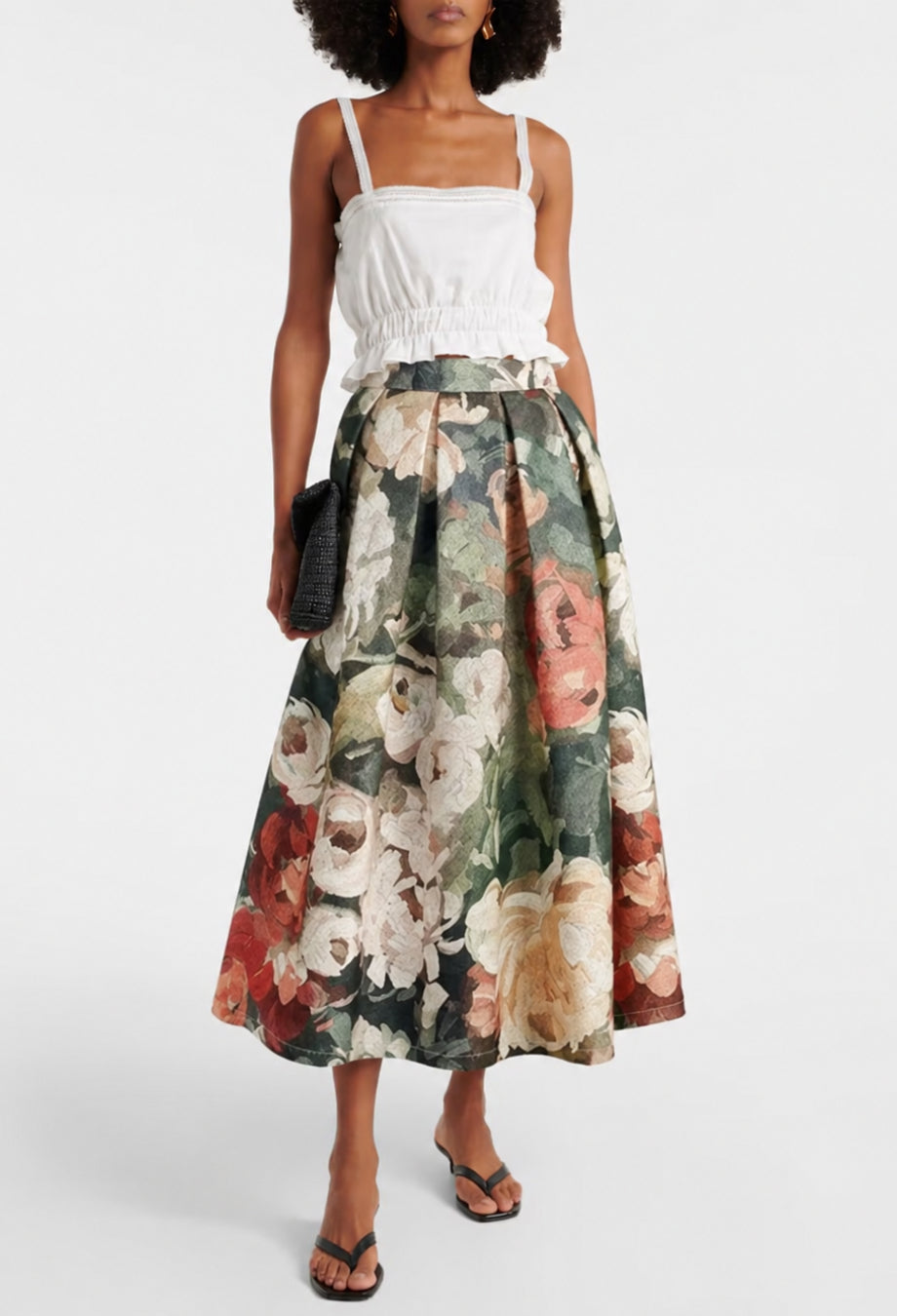 Arwen Green Vintage Floral Midi Skirt, vintage 50s skirt, high waisted flare skirt​, fit and flare skirt​