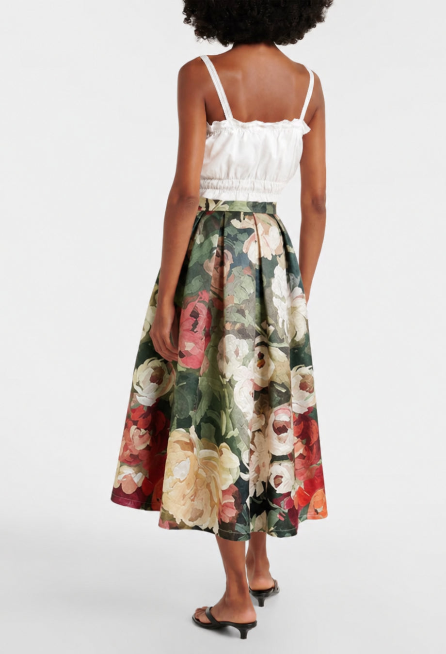 Arwen Green Vintage Floral Midi Skirt, flared midi skirt​, fit flare skirt​, midi flare skirt​