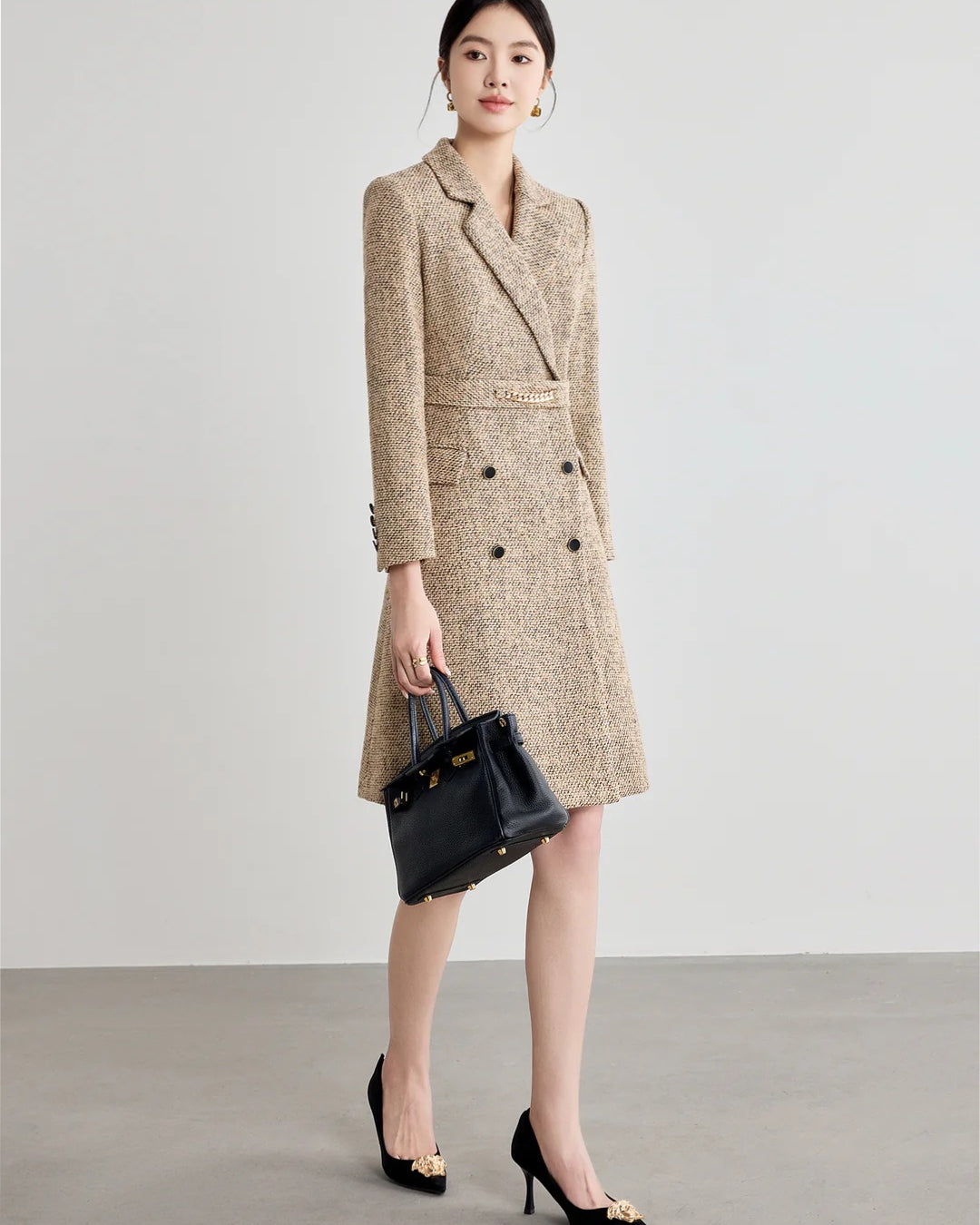 Elegant Church Dress - Aubrey Khaki Long Sleeve Midi Dress S Elegant Church Dress - Aubrey Khaki Long Sleeve Midi Dress S