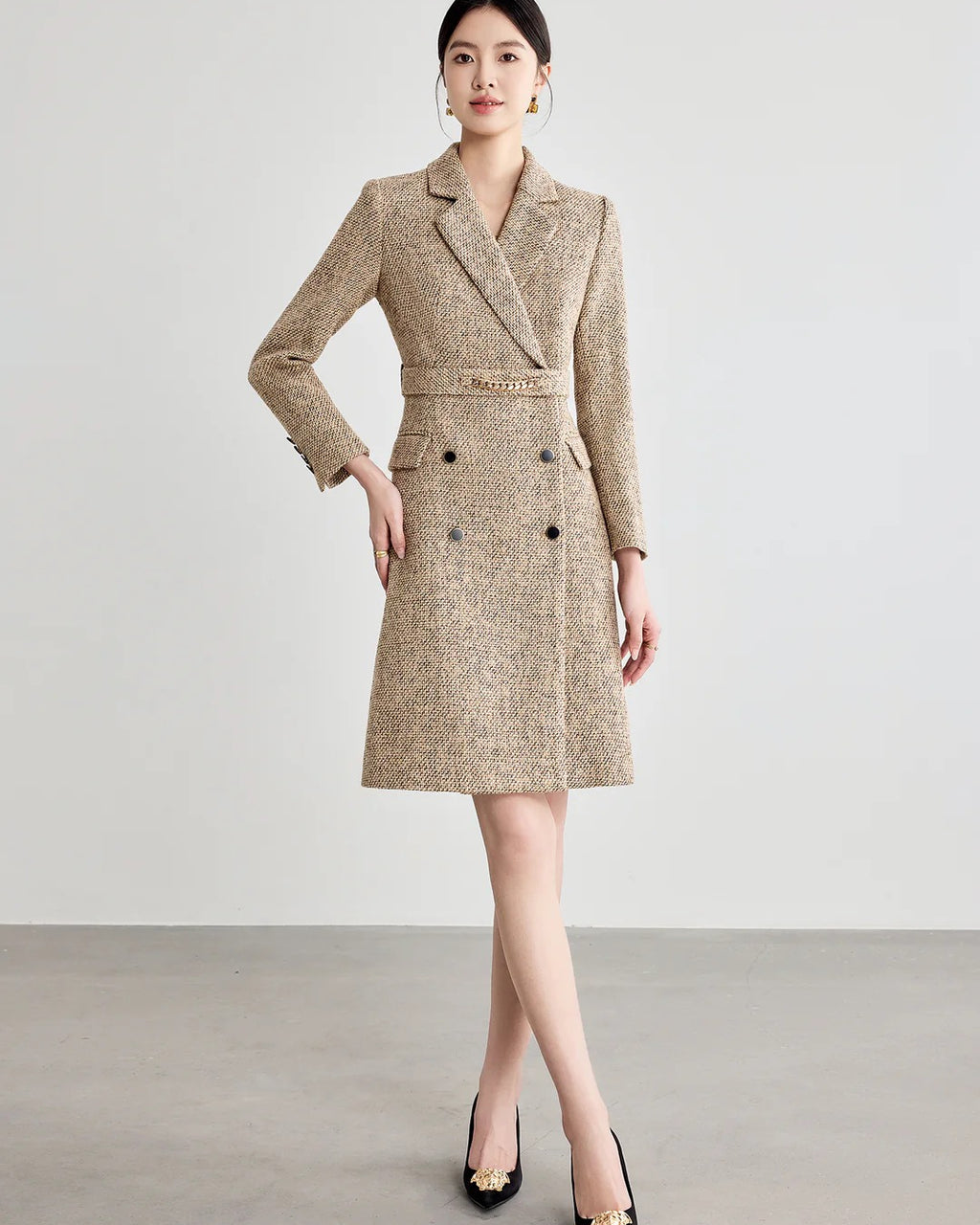 Aubrey Khaki Long Sleeve Midi Dress, church dress​, winter dress​