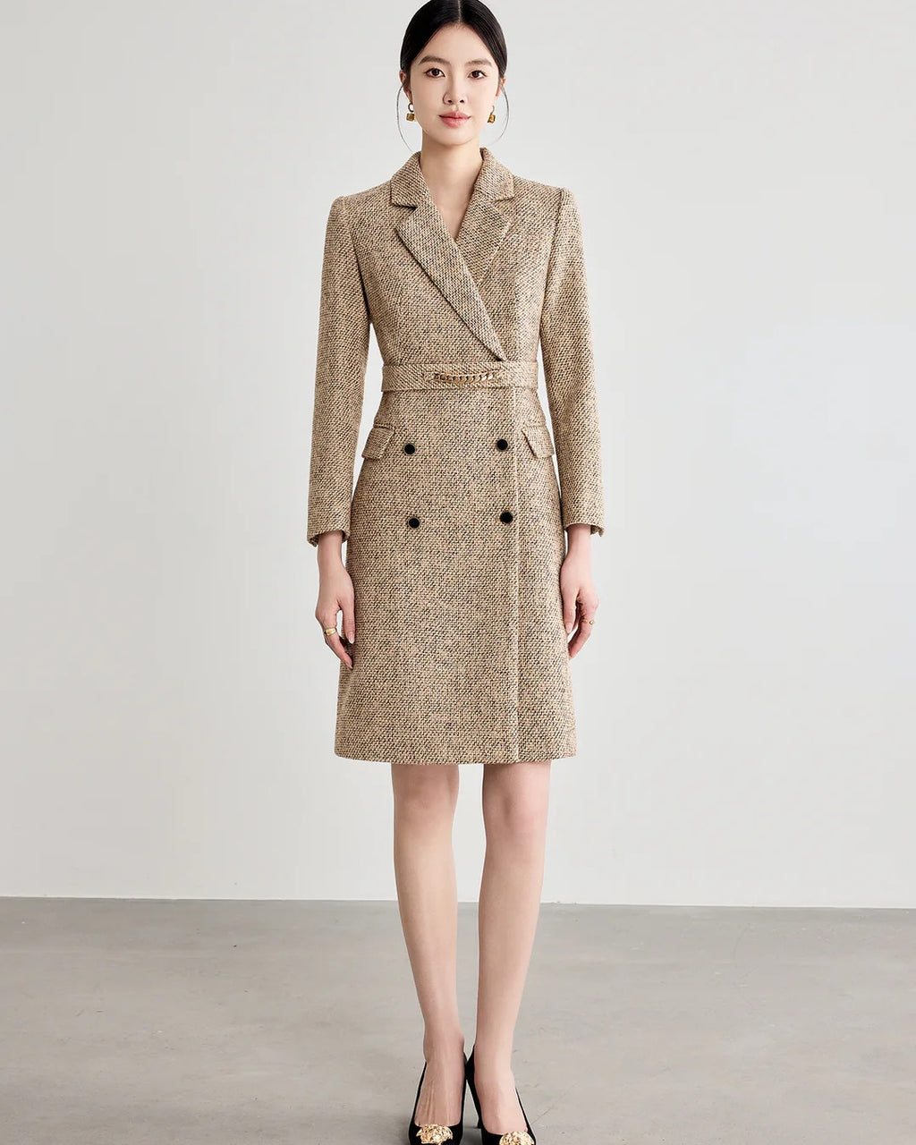Aubrey Khaki Long Sleeve Midi Dress, church dress​, winter dress​