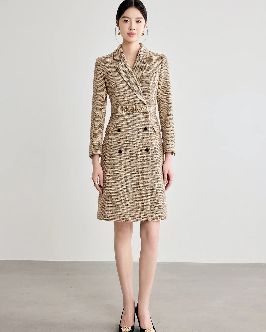 Aubrey Khaki Long Sleeve Midi Dress, church dress​, winter dress​