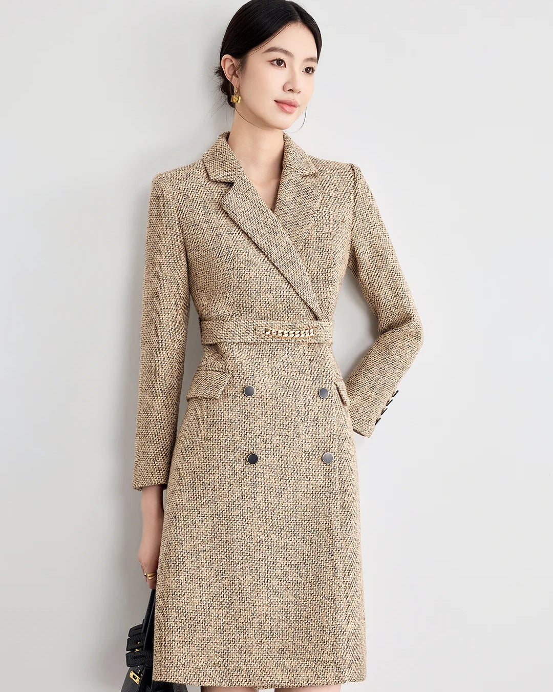 Aubrey Khaki Long Sleeve Midi Dress, church dress​, winter dress suit​