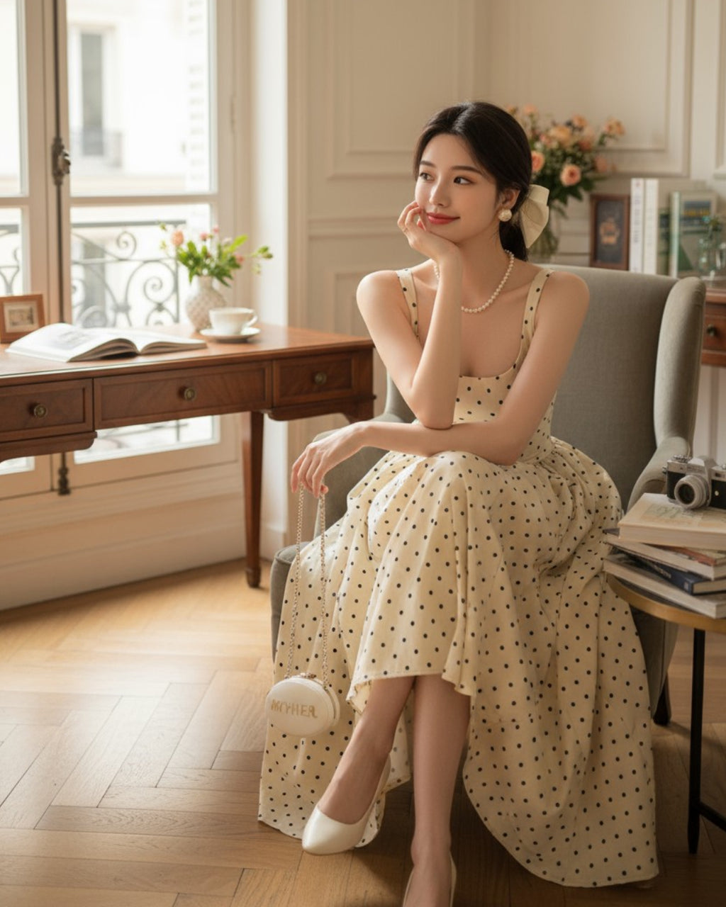 Audrey Midi Dress - Black Polka Dot Print