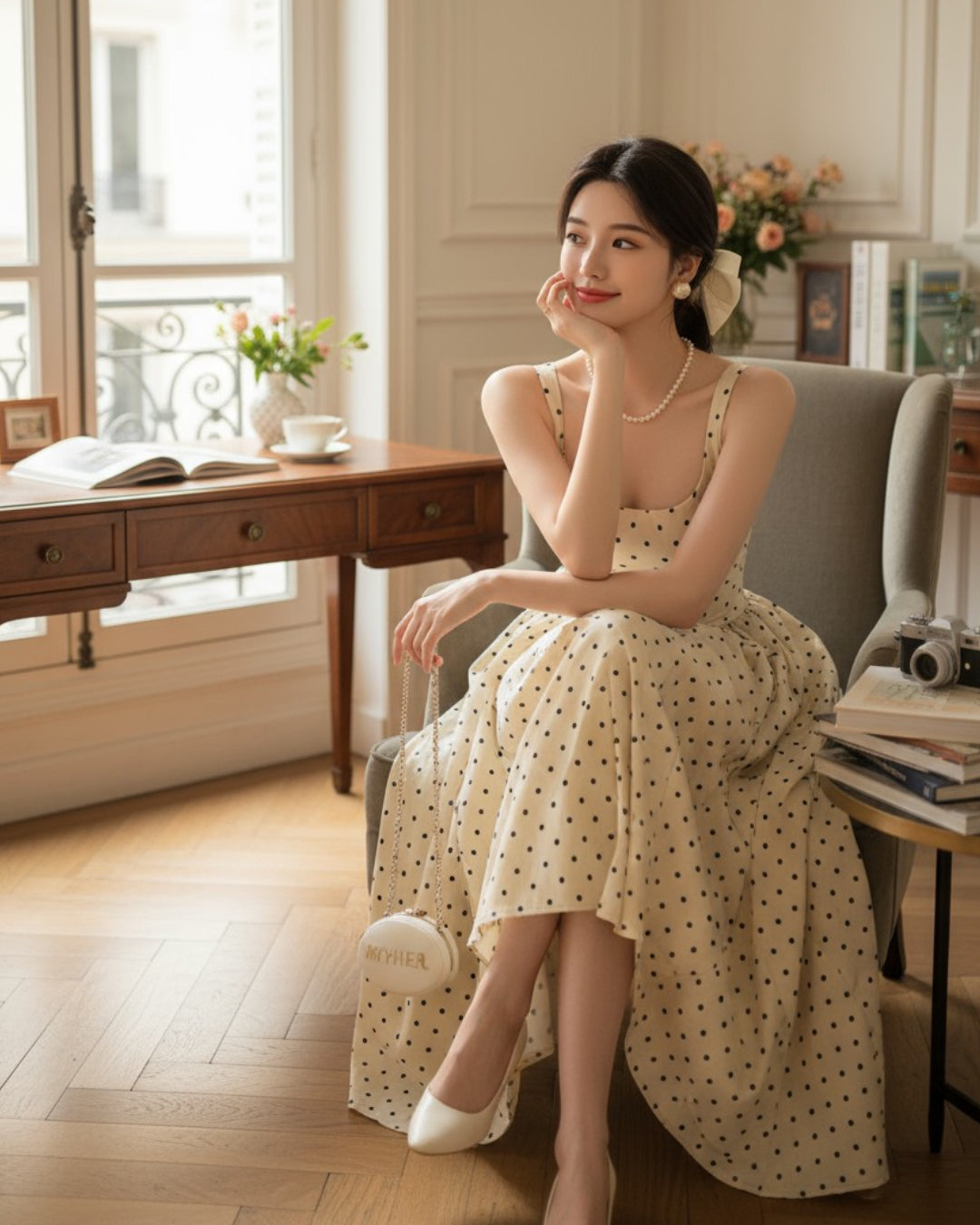 Audrey Midi Dress - Black Polka Dot Print